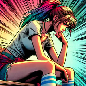 Dynamic Pose: Troubled High School Girl in Vibrant Colors