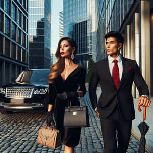 Elegant Wealthy Hispanic Woman Walking with Bodyguard in Urban Setting