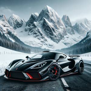 Sleek Black Sports Car against Snowy Mountain Backdrop