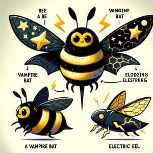 Bee Bat Eel Hybrid Cartoon: Electrifying Creature Design