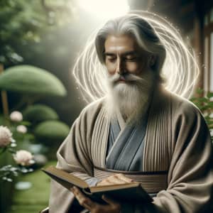 Wisdom and Tranquility in Traditional Garden: East Asian Elder with Grey Hair and Beard