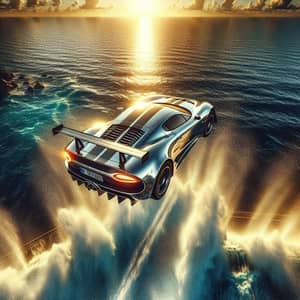 Sleek Car Leaping Into Vibrant Ocean - Unexpected Spectacle