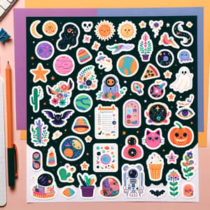 Colorful Stickers with Diverse Designs for Astronomy, Nature, Food, and More
