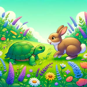 Green Turtle and Brown Rabbit Interacting in Vibrant Meadow
