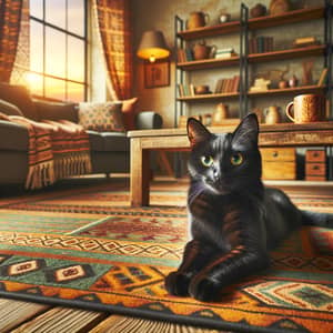 Sleek Black Cat Relaxing on Cozy Rug in Warmly Lit Living Room