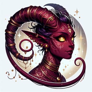 Burgundy Tiefling with Golden Eyes and Spiraling Horns