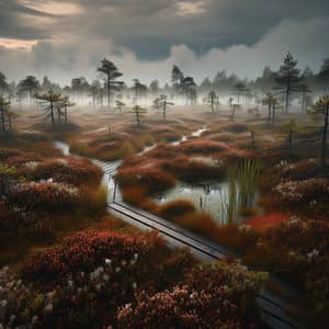 Tranquil Bog Landscape with Peat Moss and Cotton Sedge