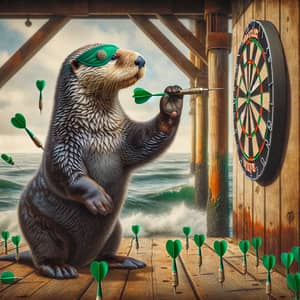 Playful Sea Otter Engrossed in Dart Game on Pier Post