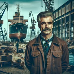 Coastal Shipyard Scene in 1980s Poland | Shipbuilding Worker Portrait