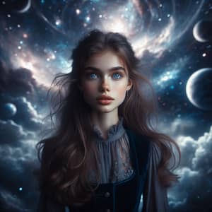 Young Girl in Cosmic Landscape: Celestial Authority Portrayed