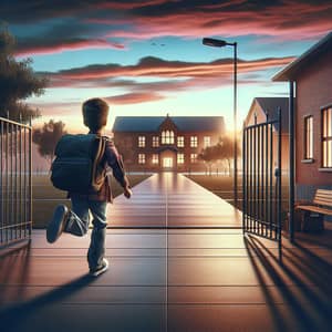 Suburban School Scene at Dawn: Caucasian Boy Rushing Through Gate
