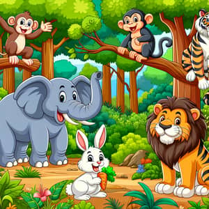 Vibrant Cartoon Forest with Adorable Animals