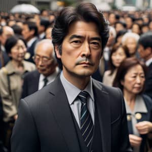 Middle-Aged Asian Man in Formal Suit at Busy Event