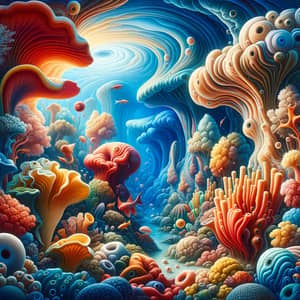 Whimsical Underwater Scene with Colorful Coral Reefs and Exotic Sea Creatures