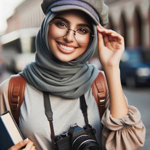Young Middle-Eastern Woman Strolling with Camera and Book
