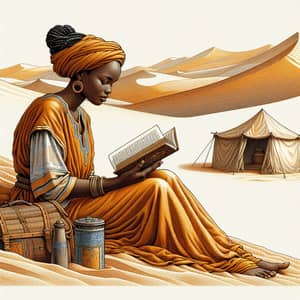 Tranquil Moment: African Descent Woman Reading Book in Desert