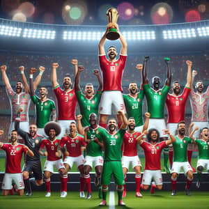 Triumphant Moment: Diverse Football Players Celebrate Victory in Moroccan Team Colors