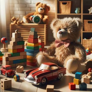 Playful Children's Toys Scene with Stuffed Animals and Wooden Blocks