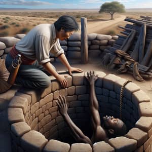 Digital Illustration of Asian Man Rescuing African Man by Old Stone Well