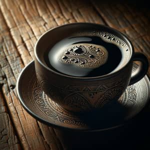 Intricate Pattern Black Coffee on Rustic Wooden Table
