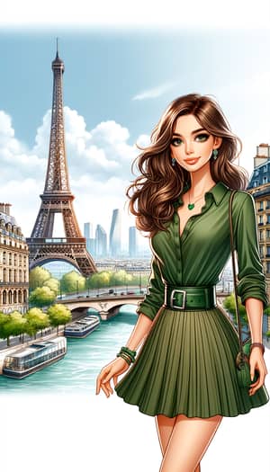 Emily in Paris: Green Shirt, Skirt & Eiffel Tower View