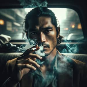 Filipino Man with Ponytail Smoking in Car Portrait