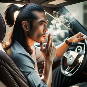 Filipino Man with Ponytail Smoking in Car - Luxury Setting