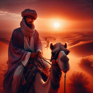 Middle-Eastern Man Riding Camel at Sunset - Desert Adventure