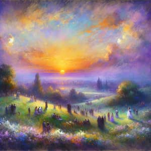 Impressionistic Oil Painting of Diverse Figures in Dreamlike Sunset Landscape