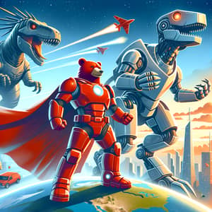 Red Bear Superhero Saves World with Robotic Dinosaurs