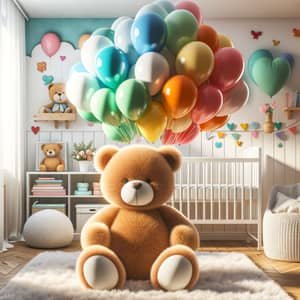 Bright and Colorful Nursery Room with Plush Teddy Bear and Vibrant Balloons