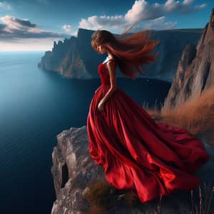 Hyper-Realistic Painting of a Girl in Burning Crimson Gown on Cliff