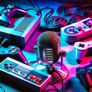 Gaming Podcast Setup with Vintage Microphone & Retro Consoles