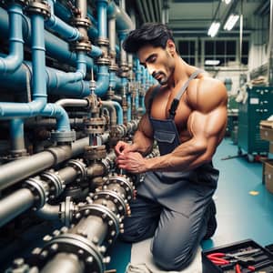 Expert Pipefitter | Skilled South Asian Man Working in Mechanical Room