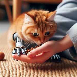 Cute Ginger Cat with Mechanical Paws Nibbling Food