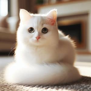 White Cat Sitting with Shining Fur | Cozy Room Background