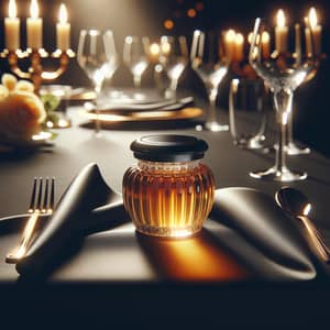 Elegant Dining Experience with Golden Honey on Black Tablecloth