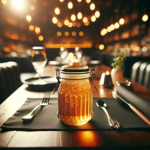 Golden Honey Jar on Elegant Restaurant Table