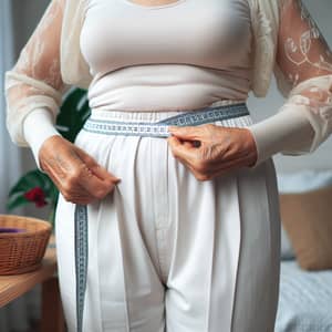 Elderly Woman with 180cm Wide Hips in White Trousers