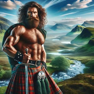 Highlander Warrior in Traditional Attire | Scottish Highlands Landscape