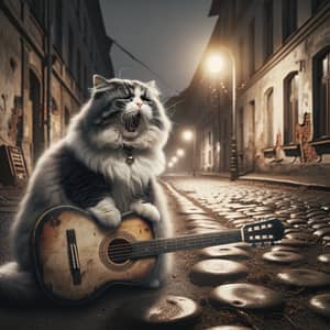 Melancholic Cat Playing Guitar in Urban Landscape