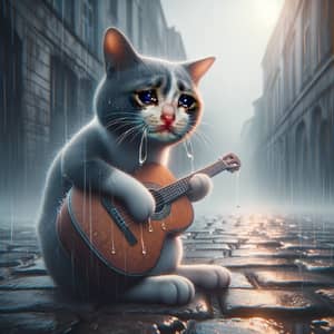 Melancholic Cat Playing Guitar in Rain | Urban Street Scene