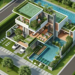 Modern Two-Storey House Plan with Lush Garden and Pool