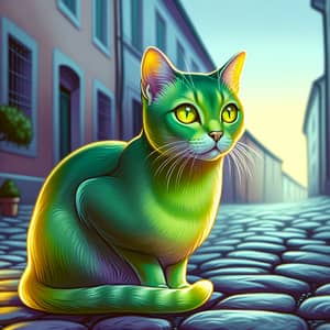 Vibrant Lime Green Cat Illustration on Cobblestone Street