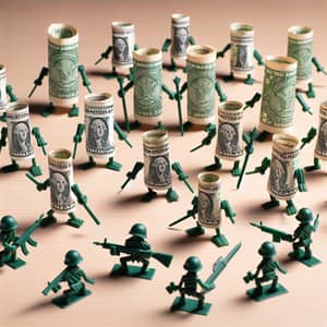Tiny Dollar Bill Army: Creative Concept Depicting Dollar Bills In Battle Formation