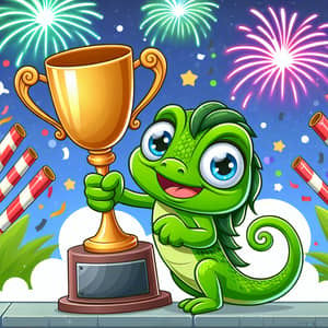 Cartoon Chameleon Victory Celebration with Trophy and Fireworks