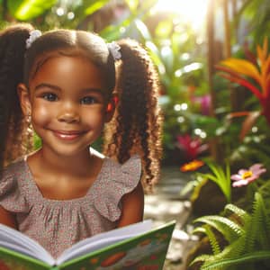 Happy Jamaican Girl Reading Book in Tropical Landscape