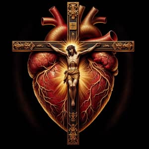 Sacred Christian Crucifix in Detailed Heart Symbol