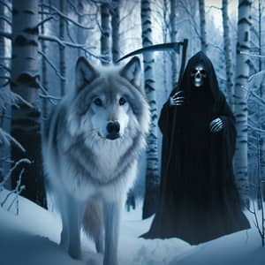 Fearsome Wolf Encounters Grim Reaper in Winter Forest
