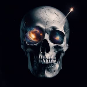 Cracked White Skull with Starry Universe - Eerie Yet Hopeful Image